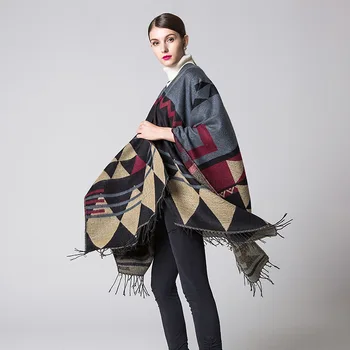 Novo modno jesen zima ženska moda in ženske geometrijskih tassel šal toplo debele velikosti slave slog udobno svoboden poncho