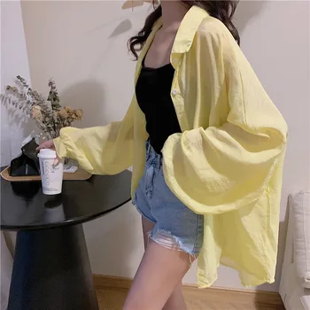 Poletje 2020 korejska različica rokavi ženske Retro Hong Kong slog zunaj nošenje candy barve sonca dokaz shirt design občutek fashi