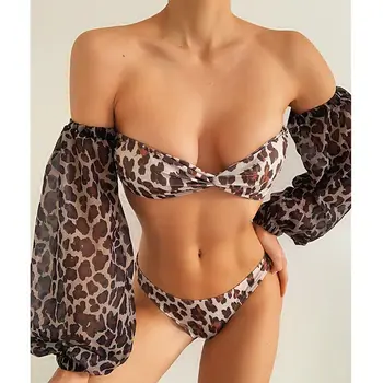 Poletje Ženske Bikini Komplet Leopard Push Up Modrc Off Ramenski Dolg Rokav Vrhovi Nizko Pasu Kopalke, Kopalke, Kopalke Plažo