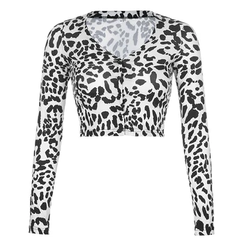 Pomlad Jesen Živali Leopard Tiskanja Dolg Rokav Odrezana Tshirt Črna Bela Športna majica s kratkimi rokavi Ženske Gumbi V Vratu Moda Tee vrh