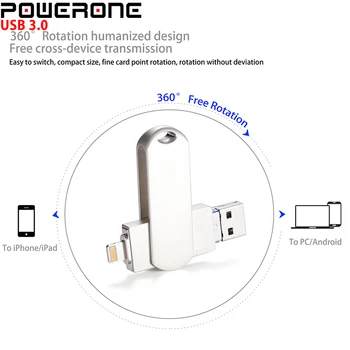 POWERONE 3 v 1, USB Flash Drive, kovinski vrtenja Pendrive 16GB 32GB 64GB 128GB 256GB usb3.0 U disk za iPhone /Android/Tablet PC