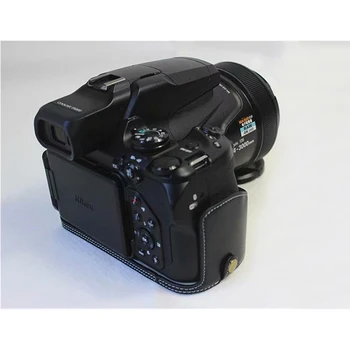 Pristen Cowhide Usnje Polovico Telesa primeru Fotoaparat torba Za Nikon P1000 Strani traku z buttom Baterije Odpiranje