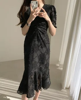 Proti-Vrat Eleganten Pas-Nadzorovano Hujšanje Obleka Ženske 2020 Poletje Vitko Korejski Ins Elegantno Ruffles Kratka Sleeved Dolgo Obleko
