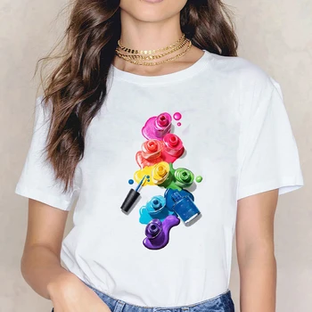 Prst Barvo Nohtov Moda Vrhovi Ženska Oblačila 90. letih Harajuku Srčkan O-Neck Ženske Bele Tee Srajce 3D Grafika Barve Ženske T-Shirt