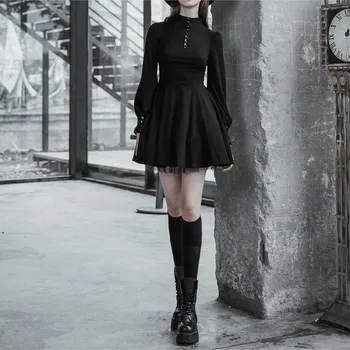 QWEEK Black Gothic Obleka Ženske Gotike Goth Povoj Mini Obleka Gothic Harajuku Punk Dolg Rokav Čipke-up Mrežasto Obleko 2021