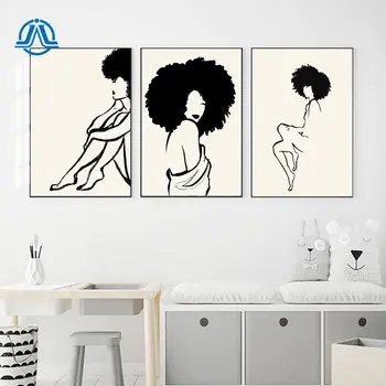 Razkrite Črte Art Tisk Wall Art Črna Ženska Ženska Figura, Minimalističen Risanje Ženska Z Afro Feministične Naravne Lase Platno Slikarstvo
