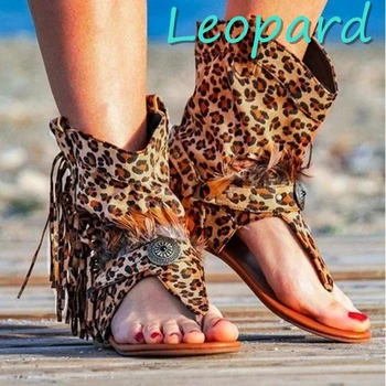 Rim Ravno Čevlji Ženski Boho Retro Posnetek Toe Tassel Pero Leopard Dame Čevlji Poletje Moda Priložnostne Non-Slip ženski Sandali