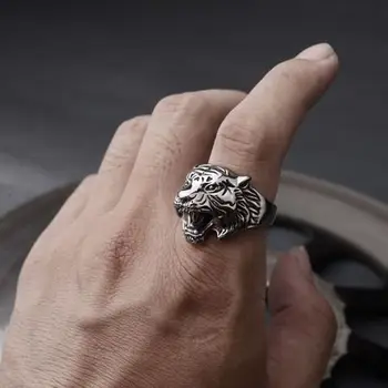 S925 srebro izvirne zasnove novega izdelka retro nesramna pretirana tiger vodja moške temperament odpiranje prstan nastavljiv