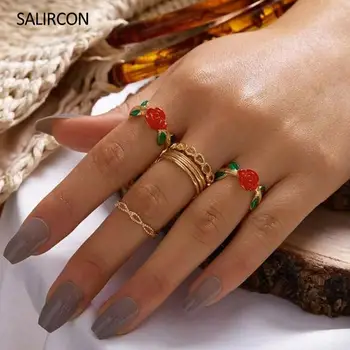 Salircon 8pcs/veliko Novih Modnih Rose Cvet Obroči Set za Ženske, Dekleta Visoke Kakovosti Geometrijske Prst Prstan Poročni Par Nakit