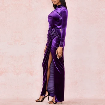 Seamyla Seksi Violet Dolg Rokav Draped Maxi Dolgo Obleko Visoko Režejo Pozimi Vzletno-Pristajalne Steze Elegantno 2020 Večer Klub Stranke Obleke Vestidos