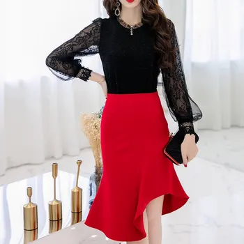 SEXMKL Ženska korejski Rdeče Krilo Faldas Mujer Moda 2020 Elegantno Seksi Ruffle Krilo Urad Dame Visoko Pasu Plus Velikost Črno Krilo