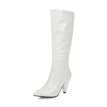 Sianie Tianie 2020 nov patent PU usnje bela črna spike visokih petah ženska, čevlji točke toe ženske kolena-visoki škornji zimski čevlji