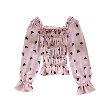 Srce Bluzo Ženske 2020 Kratka Majica Vrhovi Šifon Natisnjeni Pomlad Gubam Slim Elastična Elegantne Srajce za Ženska Tunika Blusa Mujer