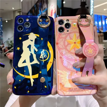 Srčkan Sailor Moon Pašček za Zapestje, Blue Ray Telefon Primerih za iPhone Mini 12 11 Pro XS Max SE XR 7 8 Plus Glossy Risanka Manšeta Pokrov