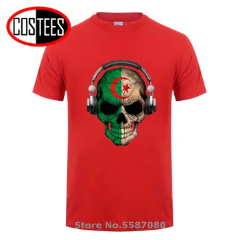 Temno Lobanje Deejay z Alžirski Flag majica s kratkimi rokavi moški Alžirski DJ Okostje T-shirt Alžirija Zemljevid Tee shirt Patriotske Državi Ljubimec Tee