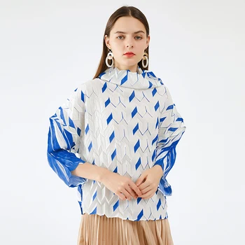 TIANPEI Miyake Jeseni korejski modna oblačila 2020 Kariran Naguban Turtleneck Top plus Velikost Priložnostne bluzo ženske tshirts 5400