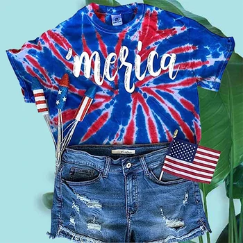 Tie Dye Ameriško Zastavo Merica Pismo Tiskanja Ženske Tshirts Dan Neodvisnosti Prevelik Harajuku Vrhovi Ženskih Poletnih Vintage Oblačila