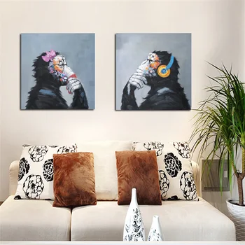 Tiskanje Sodobno Abstraktno Mišljenje Opica z Slušalke Risanka Platno Slikarstvo Živali Smešno Wall Art Doma Dekor za dnevno Sobo