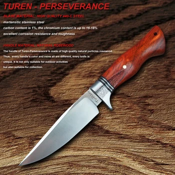 TUREN-440C Omejeno Nož Leseni Ročaj Rastlinsko Strojeno Usnje Tulec 59HRC Ročno Prostem Preživetje Orodje Lovski Nož Naravnost