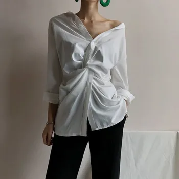 TWOTWINSTYLE Priložnostne Belo žensko Bluzo Off Ramenski V Vratu Pasu Križ Dolg Rokav Svoboden korejski Vrh Ženskih Oblek Pomlad 2020