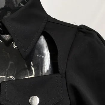 TWOTWINSTYLE Priložnostne Črno Srajco, Obleko Za Ženske River Dolg Rokav Visoko Pasu Žep Mini Obleke Ženska Moda Nova Oblačila