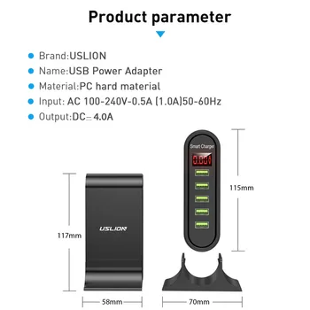 USLION 5 Port Multi USB Polnilec LED Zaslon Univerzalni USB polnilna Postaja Mobilni Telefon Namizje Steno Doma Polnilnike EU in ZDA UK Plug