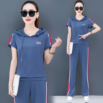 Velika Velikost Kratek Sleeve Hooded Pulover Dva Kosa Šport, Moda Obleko 2020 Nove korejske Modne Svoboden 's Poleti Ženske YICIYA