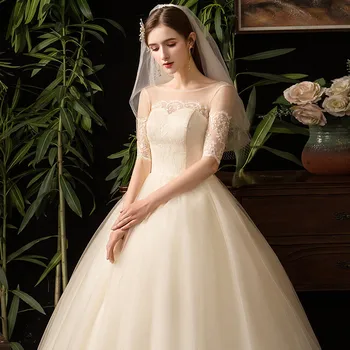 Vestido De Noiva 2020 Elegantno Poročno Obleko Seksi Iluzijo Čipke Pol Rokav Poroka Oblek Plus Velikost Poročne Obleke Haljo De Mariee