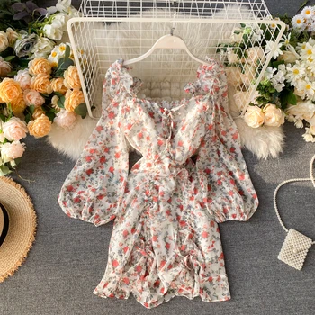 Vestido Šifon 2020 Moda za Ženske obleke Počitnice-slog Natisnjeni Obleko Cvetlični Puff Sleevesdrawstring Gube Vitko Telo Vrečko Hip Obleko