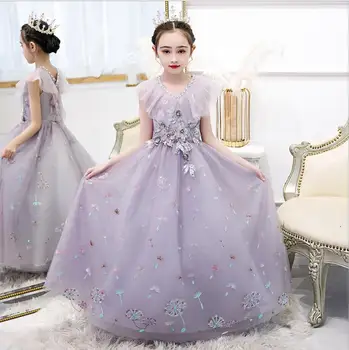 Vijolična Til Princesa Obleko za Dekle svate Žogo Obleke Bleščica Čipke Dolgo Prom Oblačenja Malčka Otroci Formalno Rojstni dan Vestidos