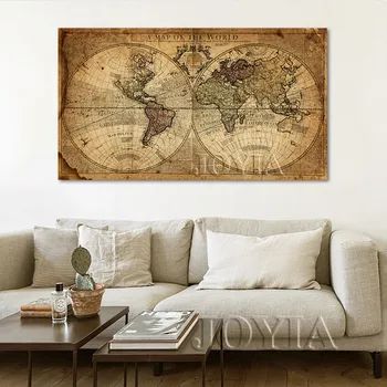 Vintage Svetovni Zemljevid, Platno Umetniške Grafike Velikih Slikarstvo, Kaligrafija Retro Navigacijski Zemljevid Plakat Home Office Stenski Dekor Umetnine