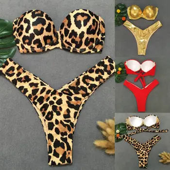 Vroče Dame Oblazinjeni Bikini Komplet Leopard Push-up Kopalke Ženske Povoj Kopalke Visoko Pasu Dekle kopalke Off Ramenski Plažo