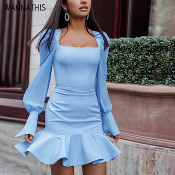 WannaThis Obleke za ženske do leta 2020 elegantno Ruffles Obleko Suh Dolgo Luč Rokav MIni Obleke Modre Priložnostne Mozaik Očesa Rokav