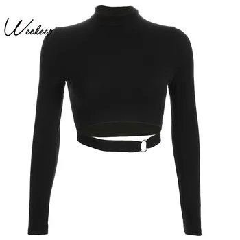 Weekeep Black Votlih Iz Long Sleeve majica s kratkimi rokavi Ženske Seksi Odrezana Pletene tshirt Ulične Mode Obreži Zgoraj
