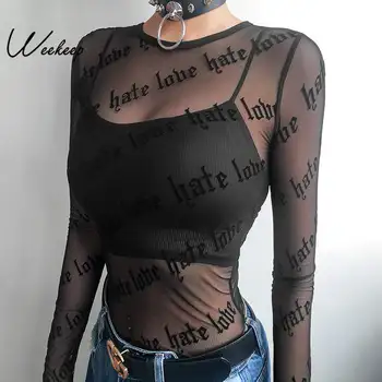 Weekeep Ženske Sexy Black Vidika Dolg Rokav t shirt O-vratu Očesa Izrez t-shirt Ženske Ulične Tee Shirt Femme Vrhovi