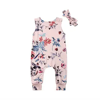 Za Malčke Baby Dekle Cvetlični Jumpsuit Obleke Obleke Glavo Set