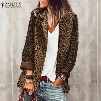 ZANZEA Leopard Moda Tiskane Plasti Žensk River Jopiči Jeseni Dolg Rokav Outwears Ženski Gumb Površniki Prevelik Dres 7