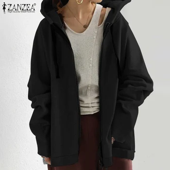 ZANZEA Stilsko Ženske Hoodies Majica Coats Jeseni Hooded Zadrga Jakne Priložnostne Long Sleeve Solid Outwear Plus Velikost Ulične