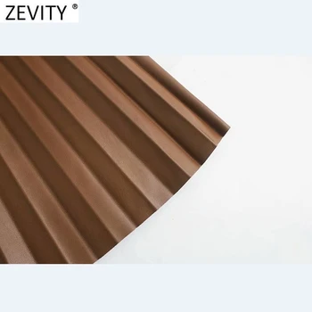 Zevity 2021 Ženske Letnik Globoko V Vratu Barva Pu Usnje Naguban Mini Obleka Femme Elegantna Nastavljiva Trak Vestido Krpo DS5020