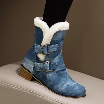 Zimski čevlji ženske fur škornji in glavo toplo dezintegratorjev sneg škornji 2020 krog toe močen srednji petah Denim gleženj škornji velikosti 47 48