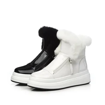 Zimski škornji ženske toplo, sneg škorenj obutev zajec krzno glavo gleženj škornji 2020 trend lakasto usnje ravno platformo škorenjčki bela
