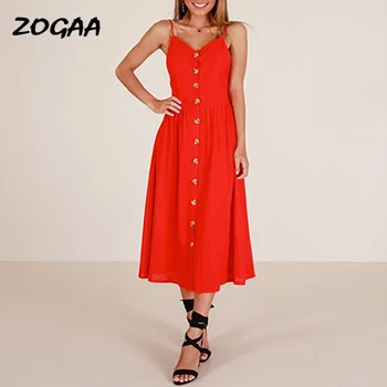 ZOGAA Fashion Sexy brez Rokavov Backelss Poletje Obleko Priložnostne Obleko Špageti Trak Obleke Gumb midi Sundress