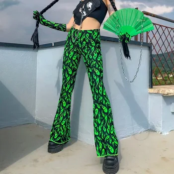 Črna Neon Zelena Dolge Hlače Modni Elastični Pas Flare Hlače 2019 Jeseni Ulične Zelene Plamen Tiskanja Sežgati Hlače Za Ženske