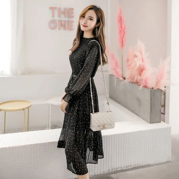 Črna Vintage Oblačil Za Pomlad Lady Dolgo Šifon Obleko 2021 Nove Korejske Modne Ženske Dolgo Oplaščeni Polka Dot Nabrano Obleko 3670 50