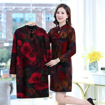 Ženska Orientalski Qipao Obleko Pomlad Kitajski Mandarin Ovratnik, Dolgi Rokavi Koleno Dolžina Haljo Femme Črno Rdečo Rožo, Etnični Obleke