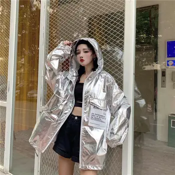 Ženske Jakno Plašč Patentna Zadrga Sun Protect Sijoče Fazi Holografski Neon Svoboden Hooded Ulica Hipster Dolg Rokav Osebnost Leta 2020