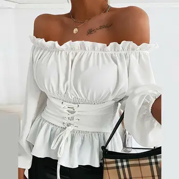 Ženske Jeseni Trdna Off Ramenski Bluzo Majica Sexy Poševnica Vratu Dolg Rokav Čipke Korzet Bluze Padec Blusas Mujer De Moda 2020