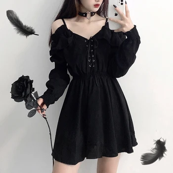 Ženske obleke demon girl original črno spomladi in jeseni 2021 seksi visoko pasu femme rami obleko z dolgimi rokavi gothic obleko A085