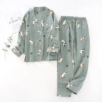 Ženske Pižame Komplet Gaza Bombaž Risanka Pes Natisnjeni Pižame Ženske 2Pcs Turn-dol Neck Majica+Hlače Udobje Narave Sleepwear