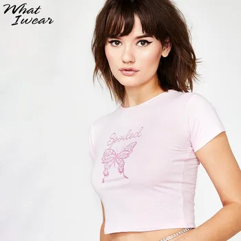 Ženske Priložnostne Modni T-majice metulja print O-Vratu kratek rokav roza raztegne Ženski Tees Novo Poletje lady vrhovi